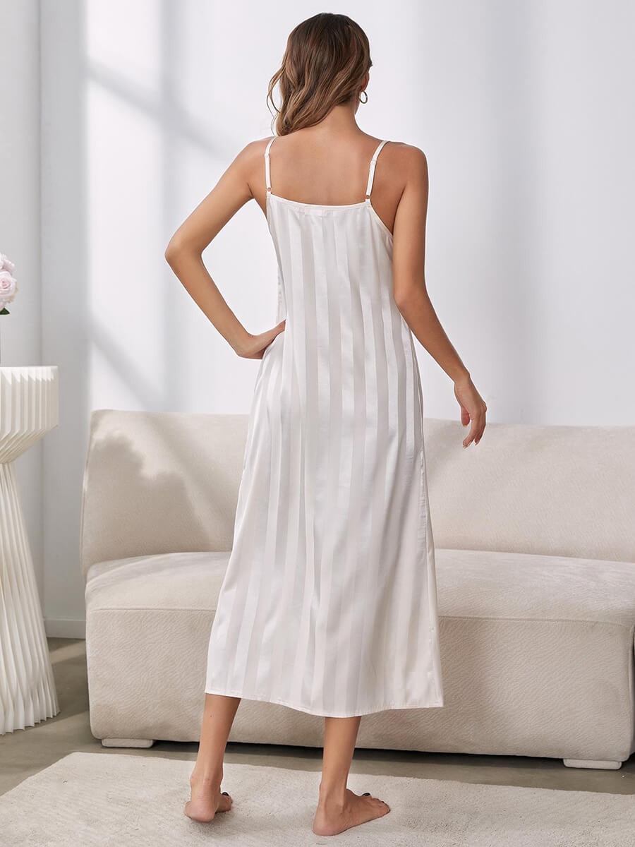Pale Silver Classic Elegant Shiny Large Striped Satin Sexy Robe Slip Nightwear Nightdress Set