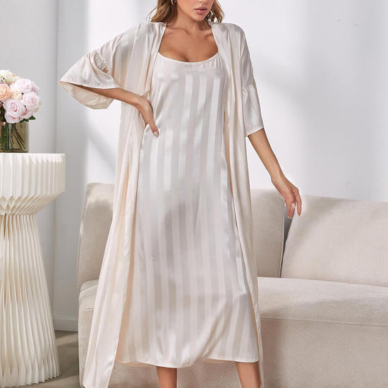 Pale Silver Classic Elegant Shiny Large Striped Satin Sexy Robe Slip Nightwear Nightdress Set