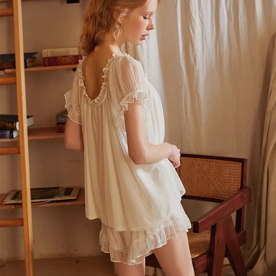 White Vintage French Mesh Ribbon See-through Romantic Modal Loungewear Nightwear Pajama set