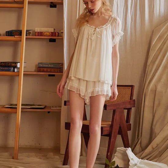 White Vintage French Mesh Ribbon See-through Romantic Modal Loungewear Nightwear Pajama set