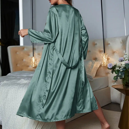 Green Classic Sexy Smooth Shiny Satin Nightwear Robe Slip Nightdress Set