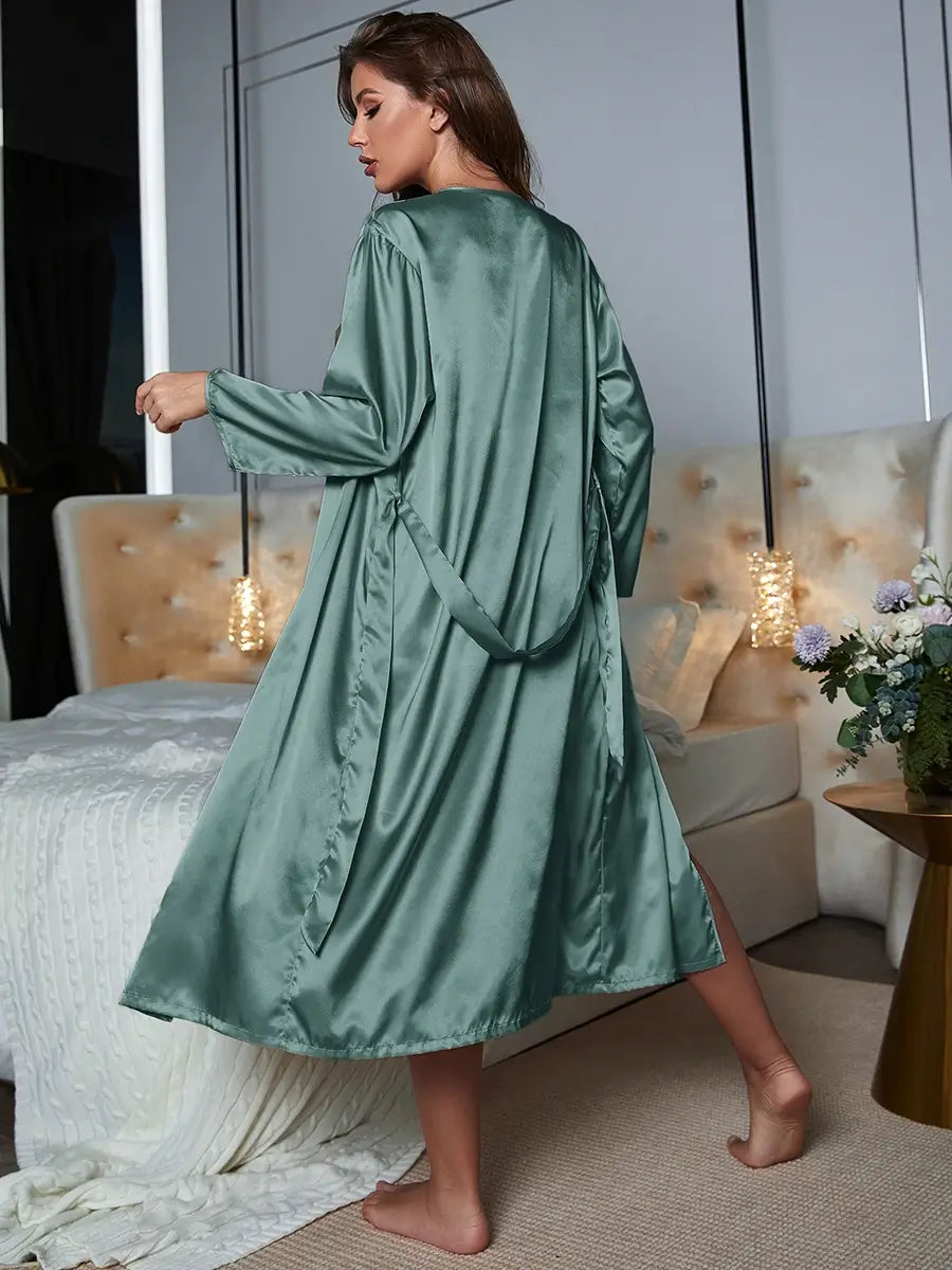 Slessic Classic Elegant Shiny Satin Sexy Camisole Nightwear Sleepwear Robe Pajama  Set