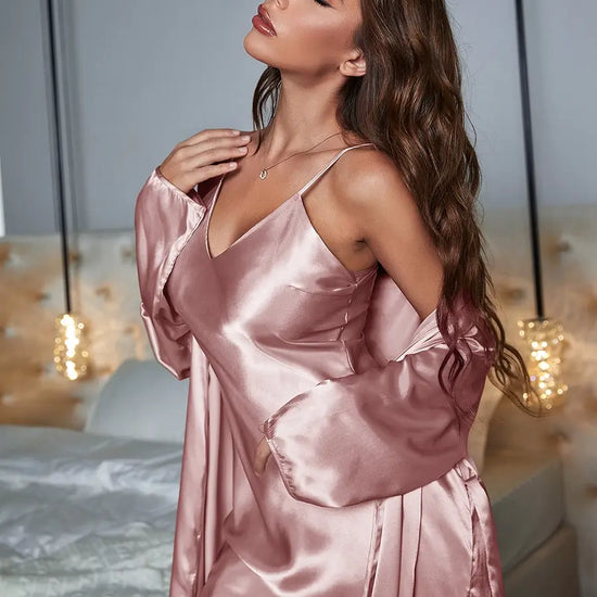 Pink Classic Sexy Smooth Shiny Satin Nightwear Robe Slip Nightdress Set