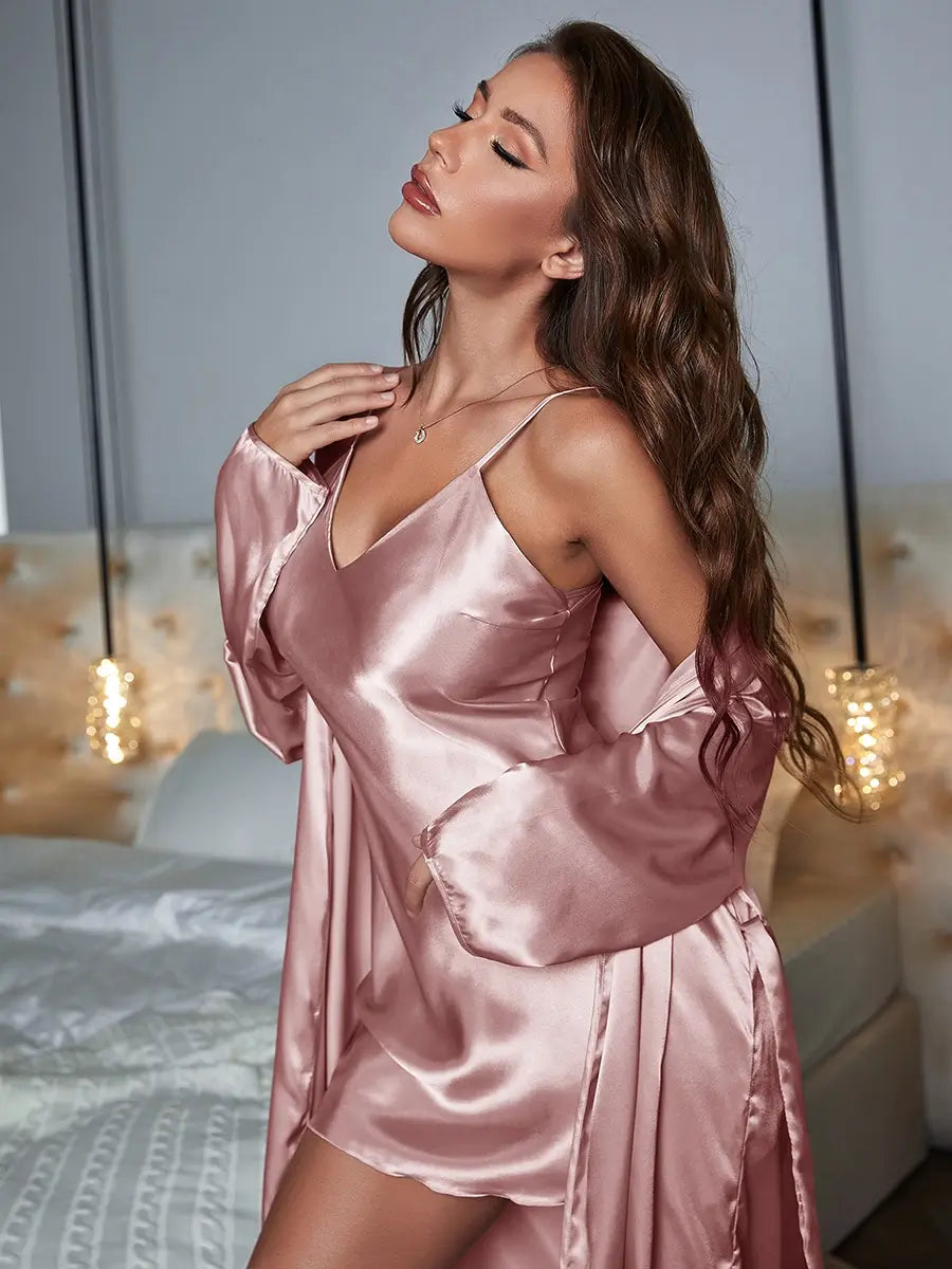 Pink Classic Sexy Smooth Shiny Satin Nightwear Robe Slip Nightdress Set