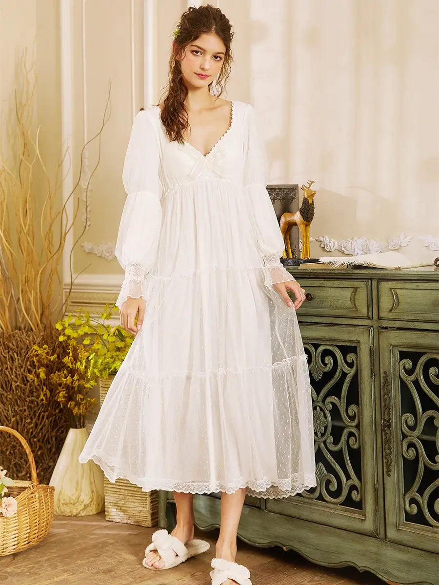 White Romantic Vintage Lace Embroidered Mesh Polka Dot Bowknot Princess Nightwear Nightdress